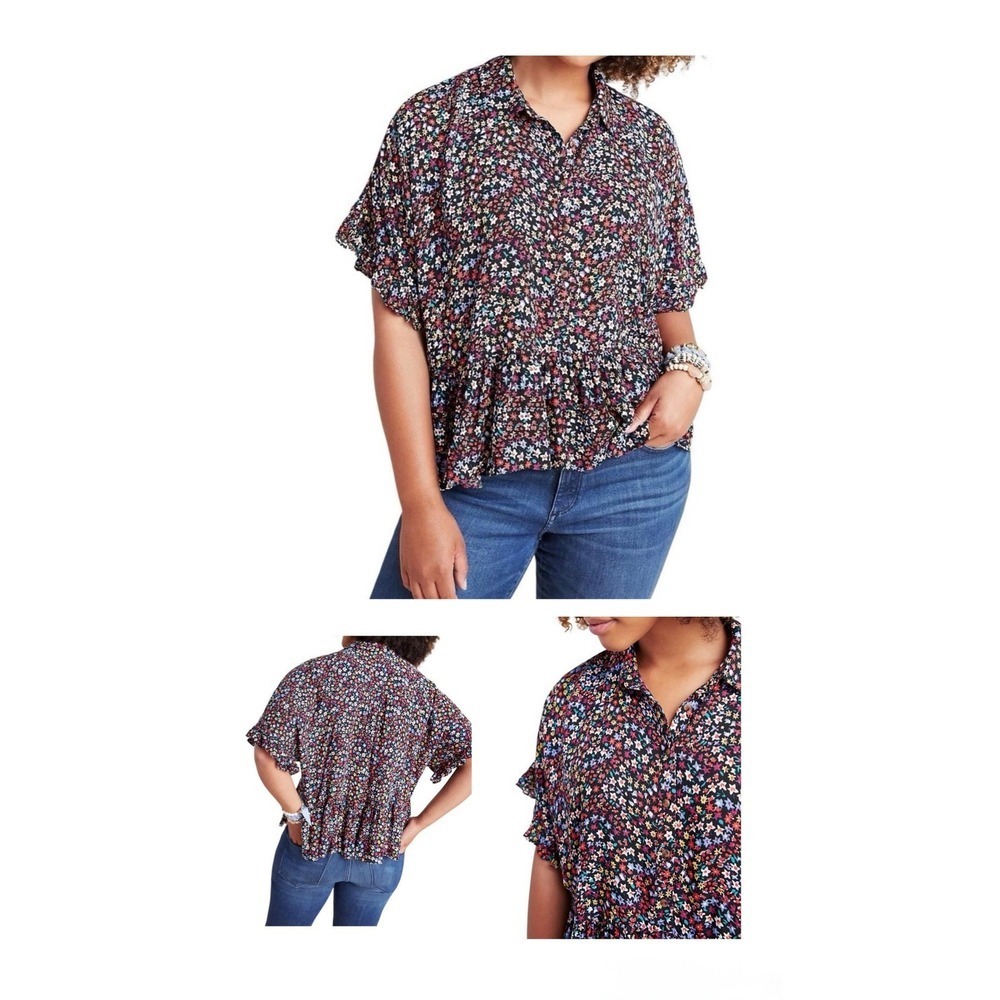 Maeve Anthropologie Floral Ruffle Short Sleeve Button Down Peplum Top Medium